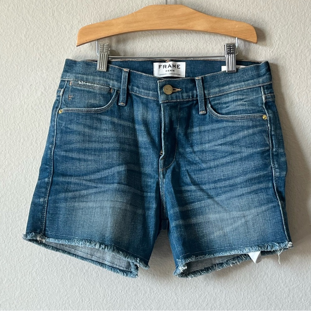 Frame Blue Denim Le High Jean Shorts Raw Hem